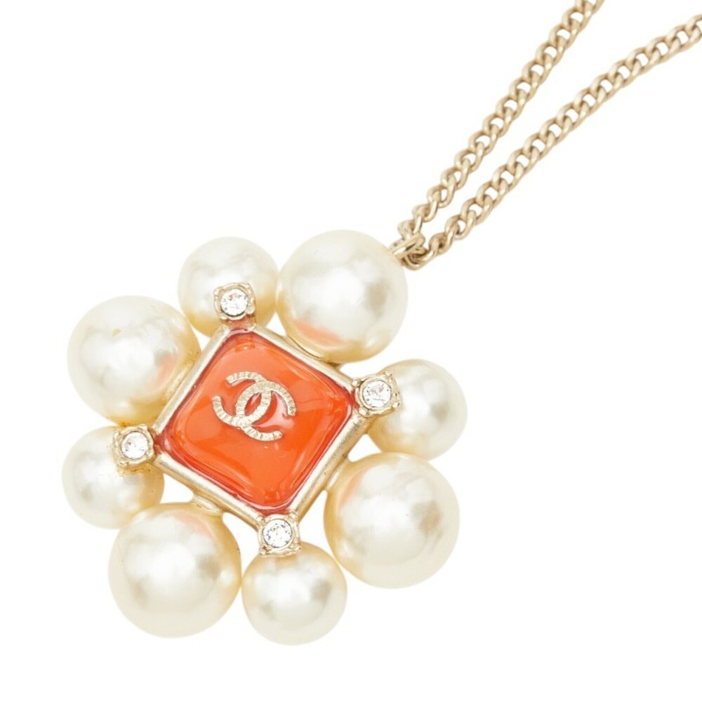 Chanel Coco Mark Rhinestone Necklace, Gold and Orange Plated, Faux Pearl, Wom...
